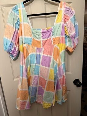 Buddy Love Pastel Patchwork Square-Neck Puff Sleeve Top - Multicolor